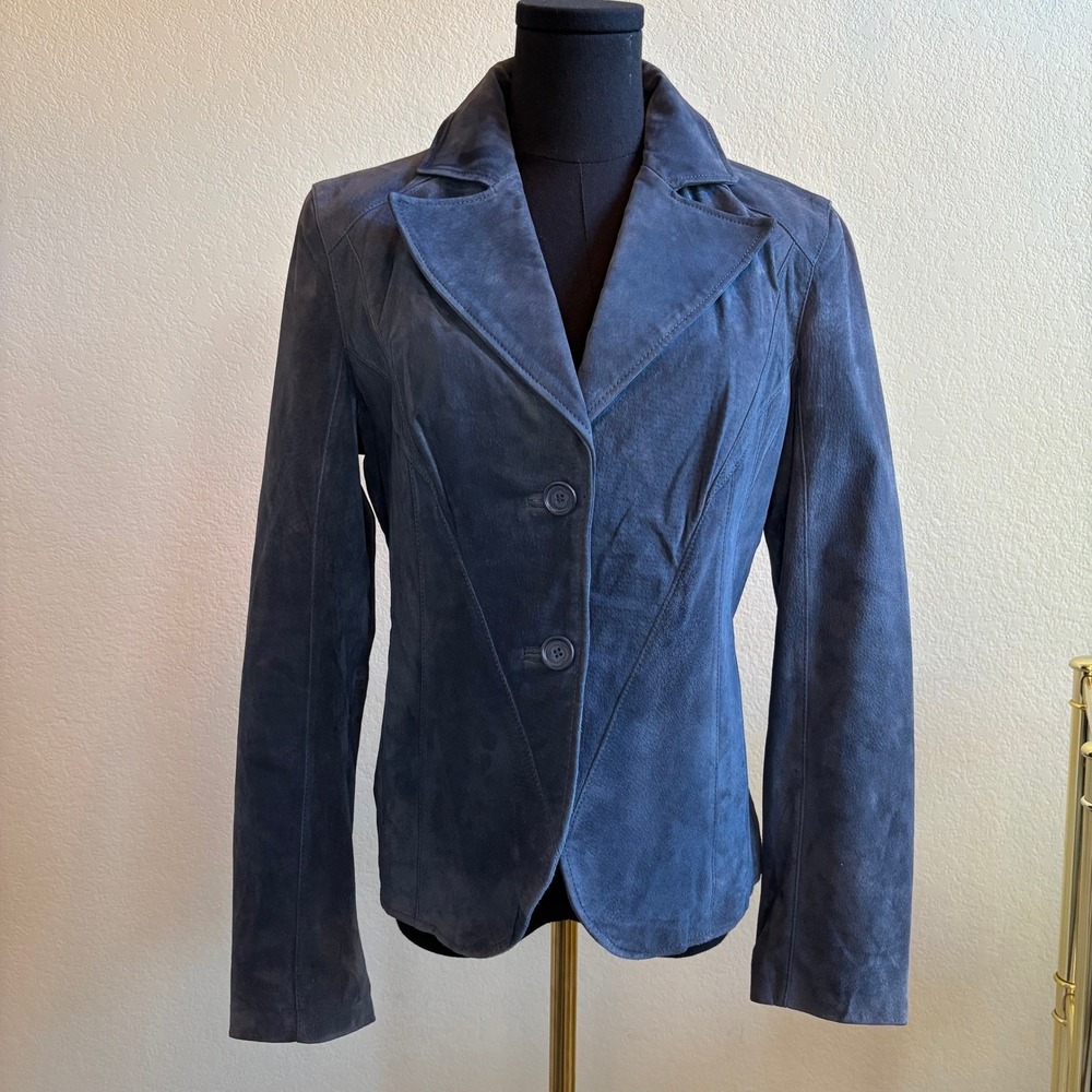 Vintage Denim Blue Suede Leather Blazer, Size 6 | Boho Office 90s Witch Jacket